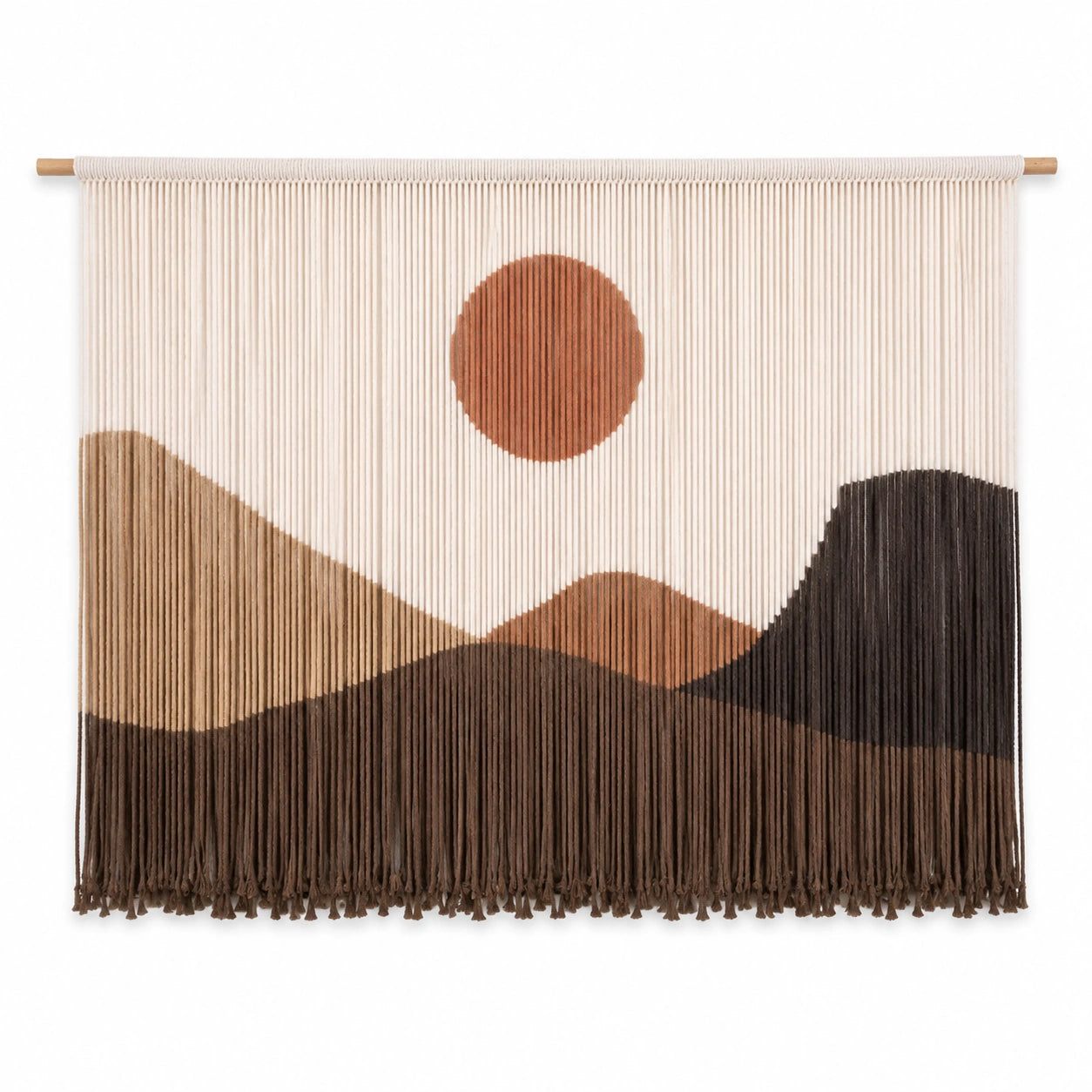 Makramee Wandteppich 100 x 80 cm Baumwollkordel Beige Braun mit Holzstab Landschaftsmotiv