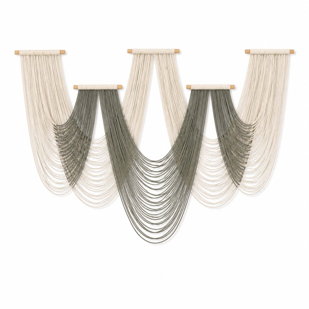 Wandteppich Set 260 x 90 cm aus Textilkordel in Creme/Grün mit Holzleisten im Boho Stil