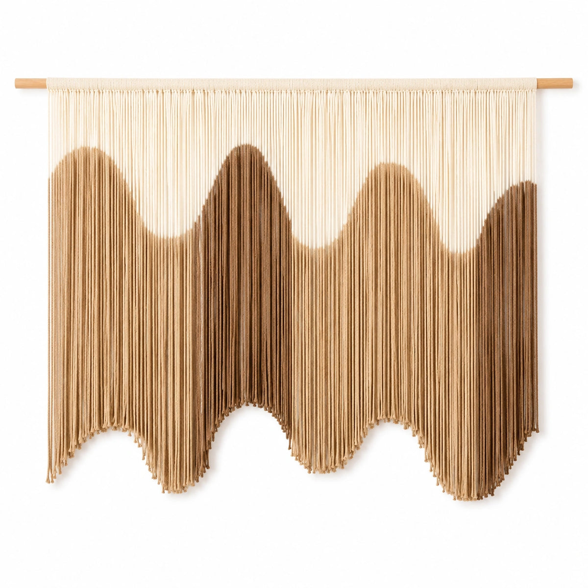 Wandteppich 100 x 90 cm aus Textilkordel in Beige/Braun mit Holzstab im Boho-Stil
