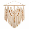 Makramee Wandbehang 90 x 110 cm aus Textilkordel in Beige Braun mit Holzstab im Boho Stil