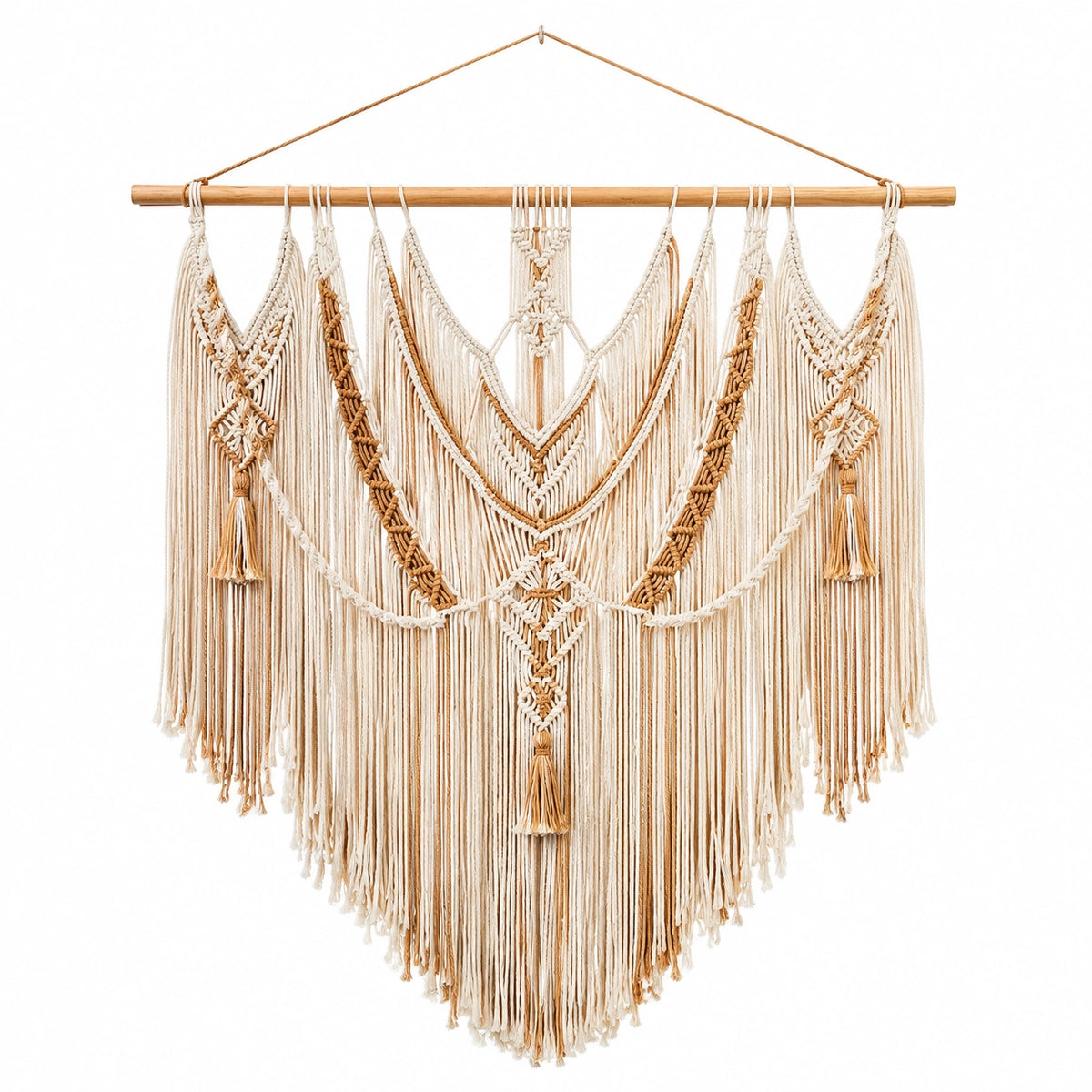 Makramee Wandbehang 90 x 110 cm aus Textilkordel in Beige Braun mit Holzstab im Boho Stil