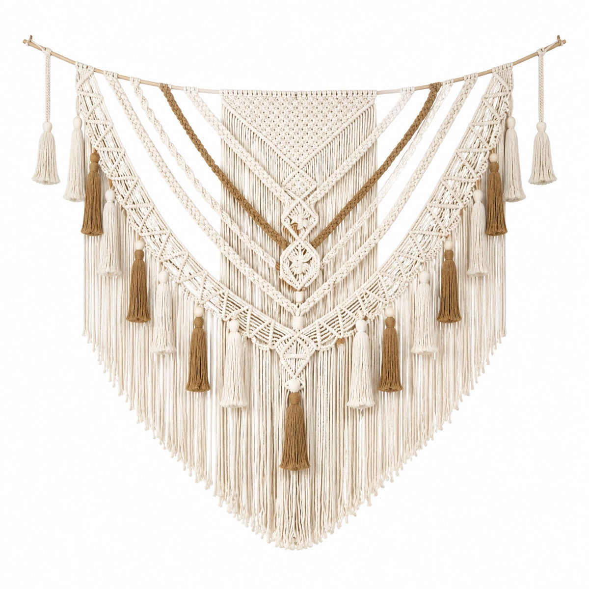 Makramee Wandteppich 120 x 115 cm Baumwolle Cremebraun Wanddekoration im Boho Stil