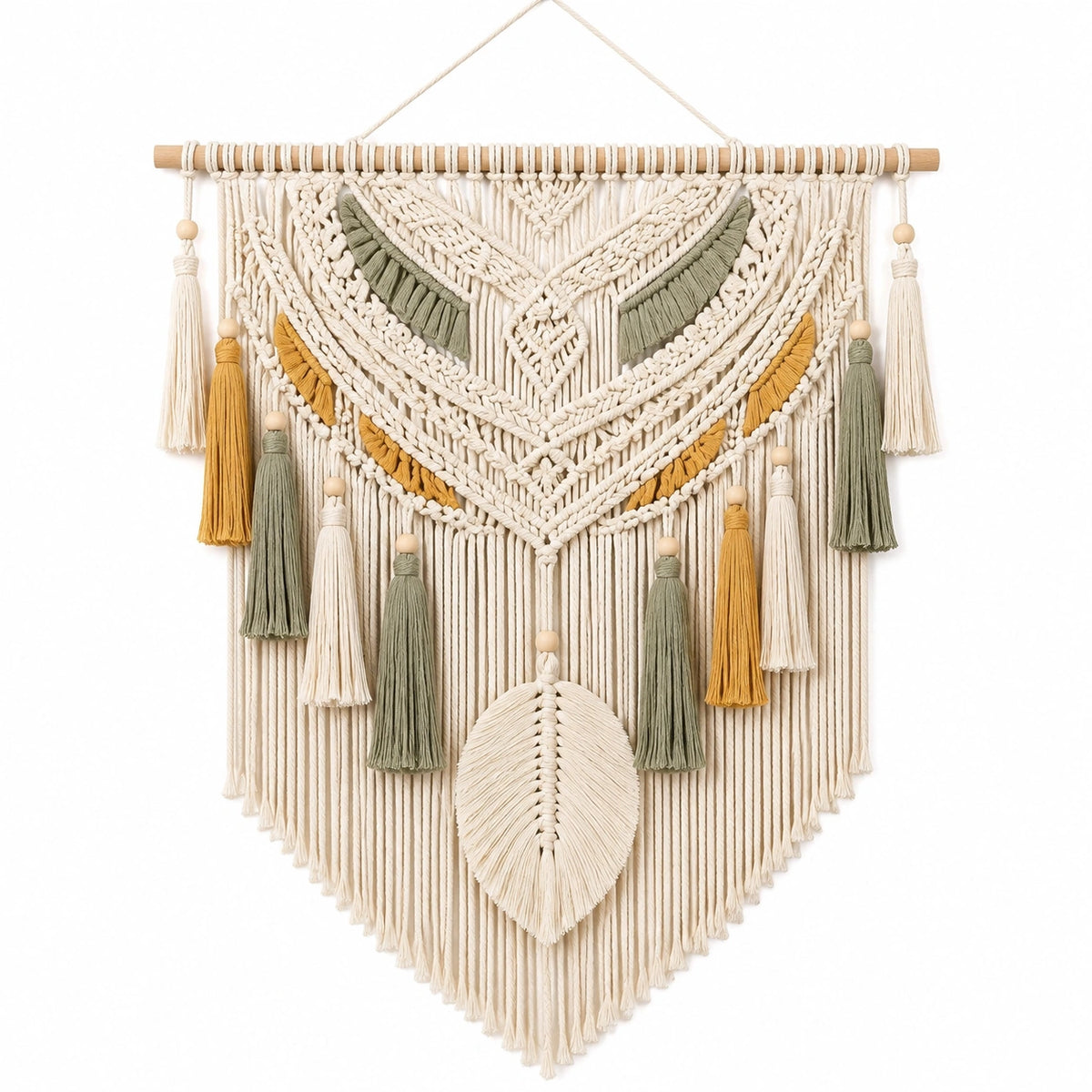 Makramee Wandbehang 50 x 80 cm aus Baumwolle in Creme Salbeigrün und Senfgelb im Boho-Stil