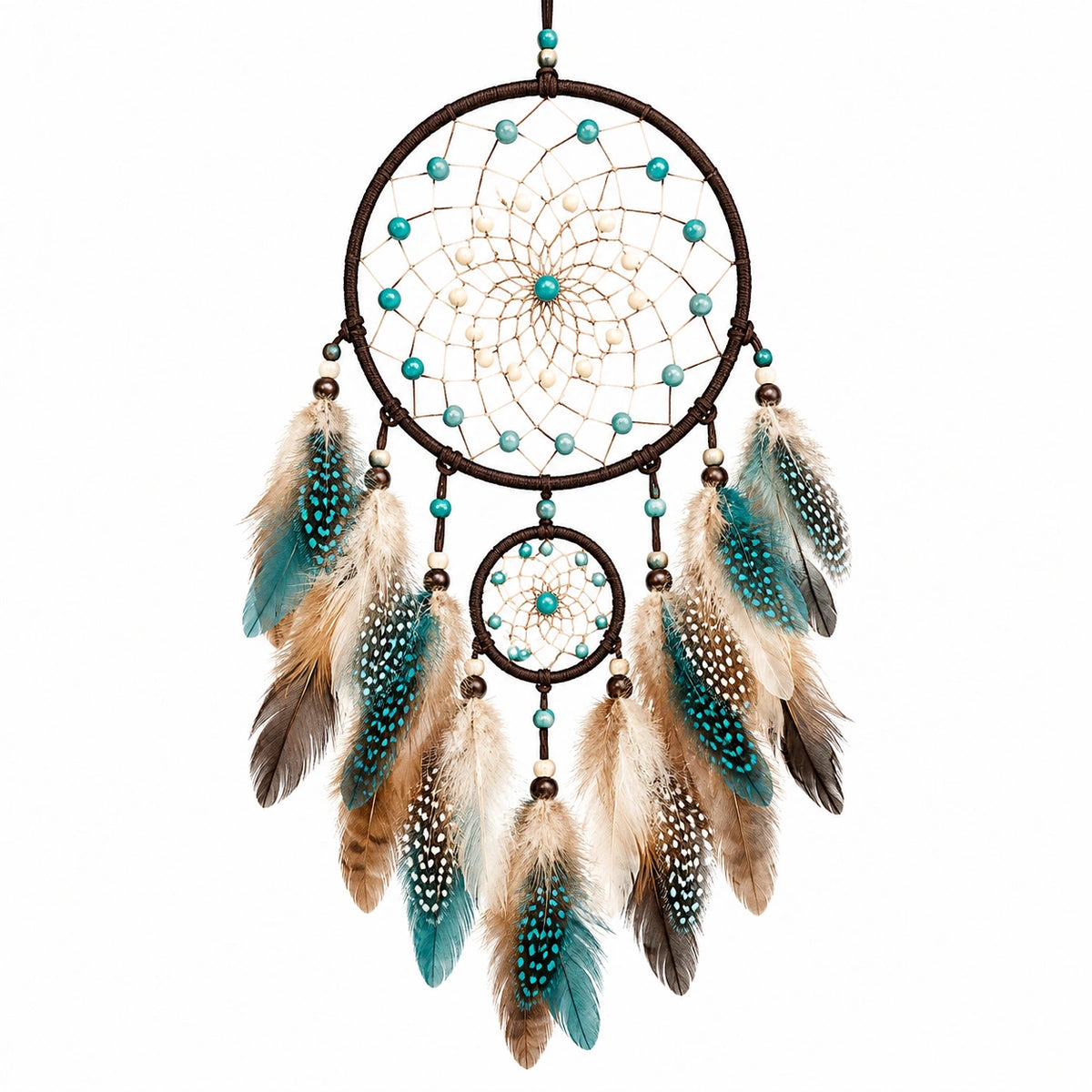 Traumfänger 25 cm Kordel Federn Türkis Braun Boho Wanddekoration