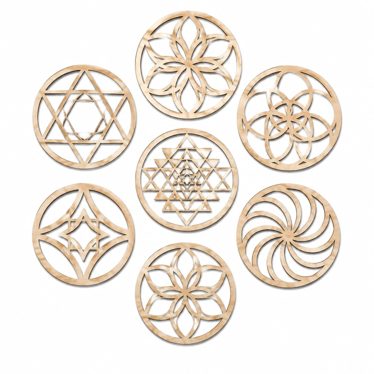 7-teiliges Wanddekoration Set 30 cm aus Holz Natur mit geometrischem Muster