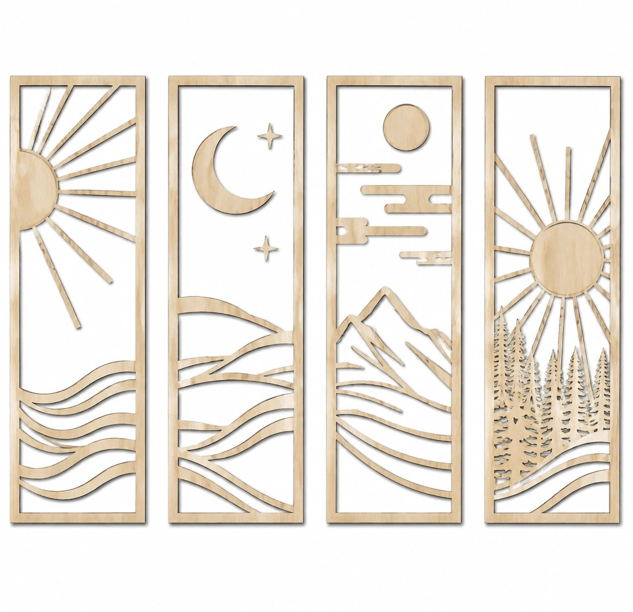 Wanddekoration 4er Set 30 cm x 90 cm Holz Natur Landschaftsmotiv