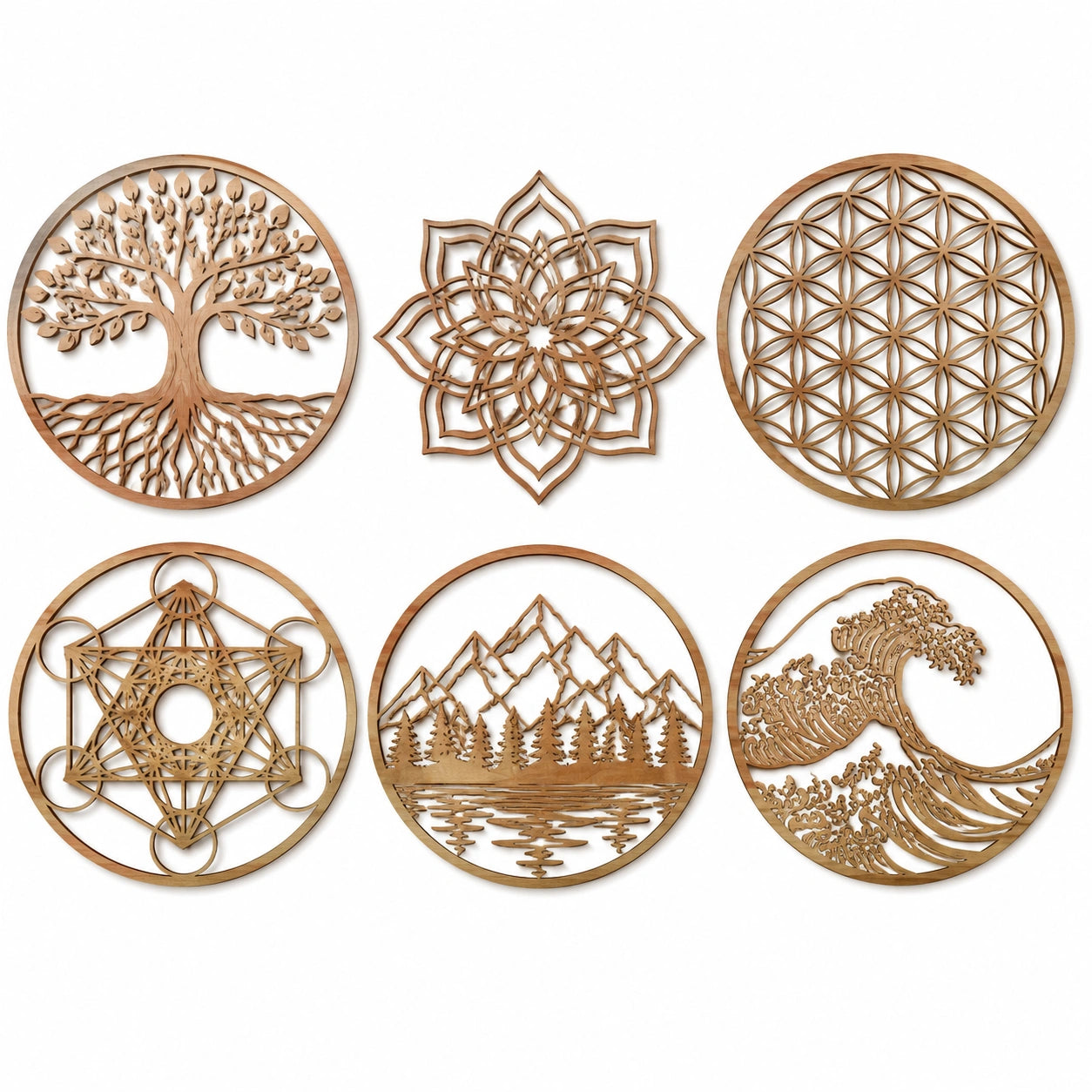 Wanddekoration 6er Set 30 cm Holz Naturbraun mit Naturmotiven für Wohnräume