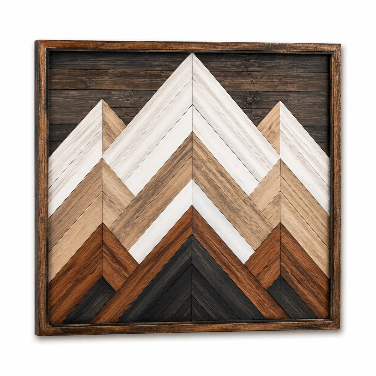Wandbild 80 x 80 cm aus Holz in Braun Weiß Schwarz mit Bergmotiv
