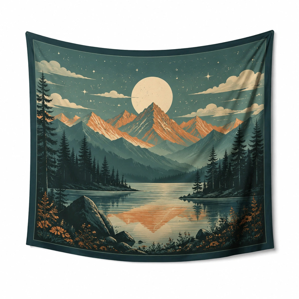 Wandteppich 150 x 150 cm aus Polyester Grün mit Berglandschaft als Wanddekoration