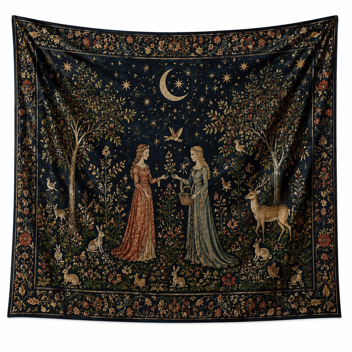 Wandteppich 150 x 150 cm aus Stoff Dunkelblau mit Mond Blumen und Figurenmotiv