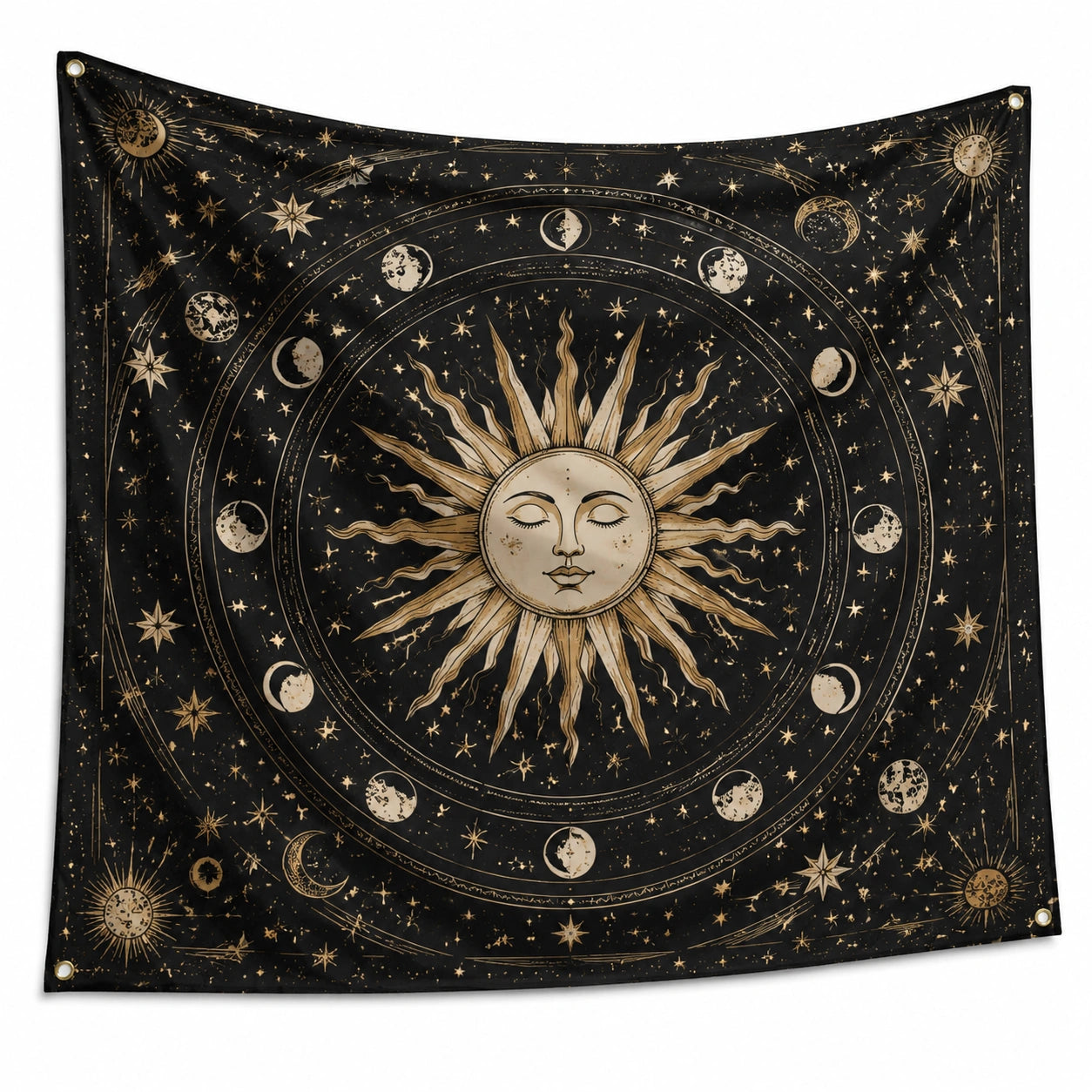 Wandteppich 150 cm x 150 cm aus Polyester Schwarz Gold mit Sonnen Mond und Sternenmotiv