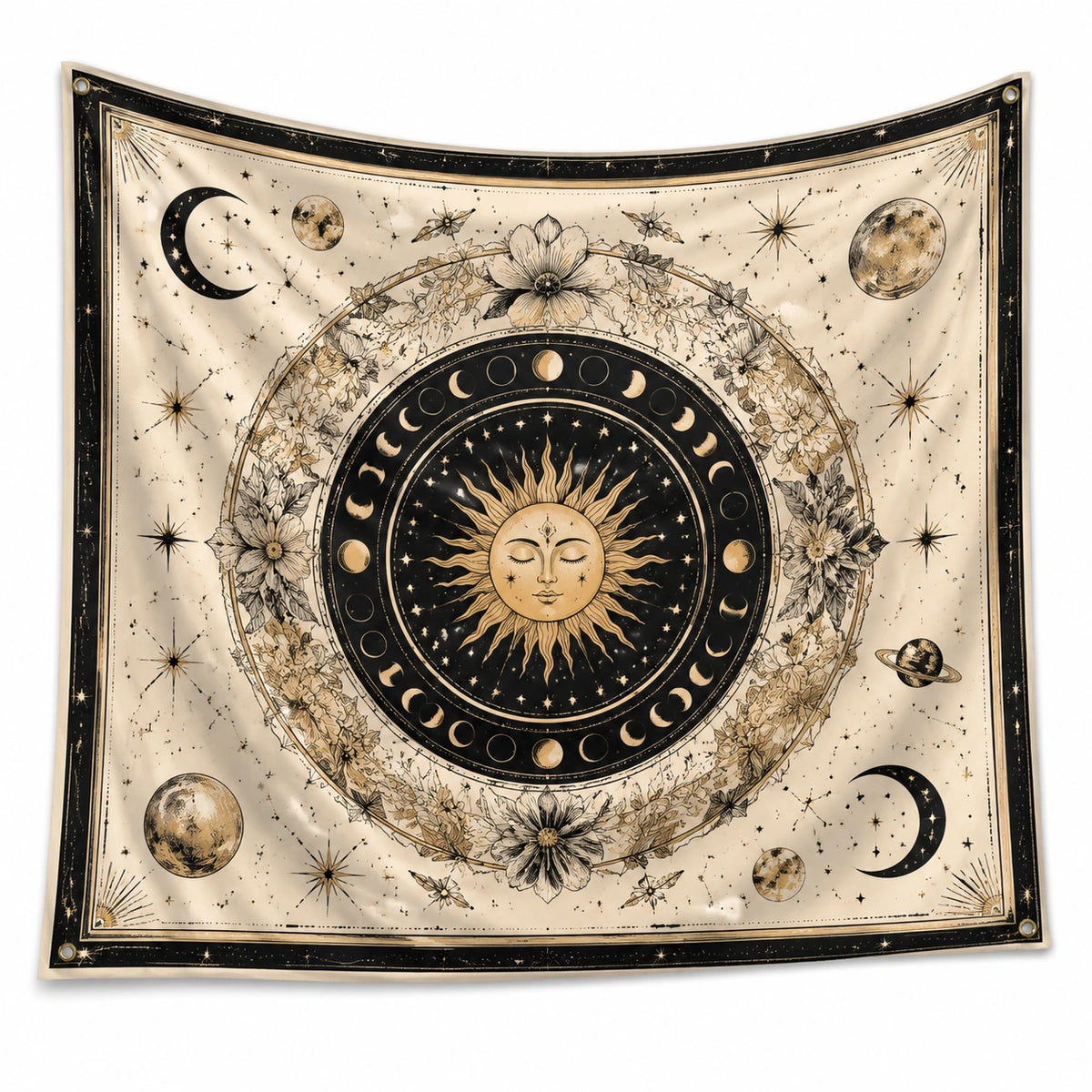 Wandteppich 150 x 150 cm aus Polyester in Beige Schwarz für Wohnraum mit Sternenmotiv