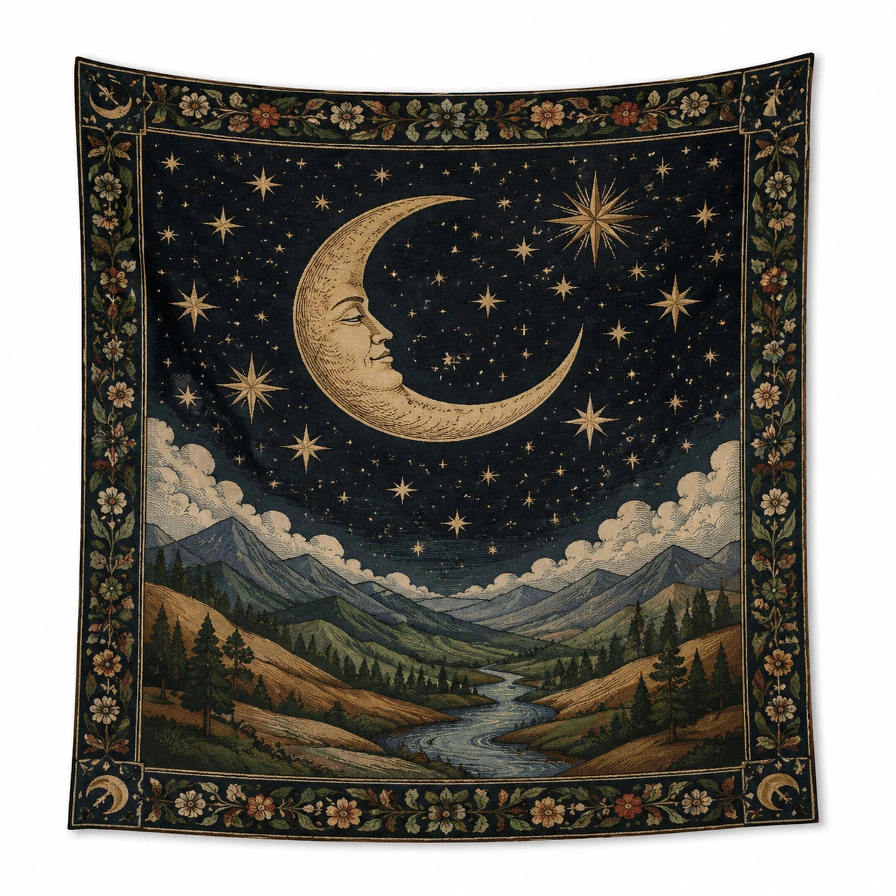 Wandteppich 150 x 130 cm Textilgewebe Dunkelblau Mond Sterne Landschaft Vintage Dekoration